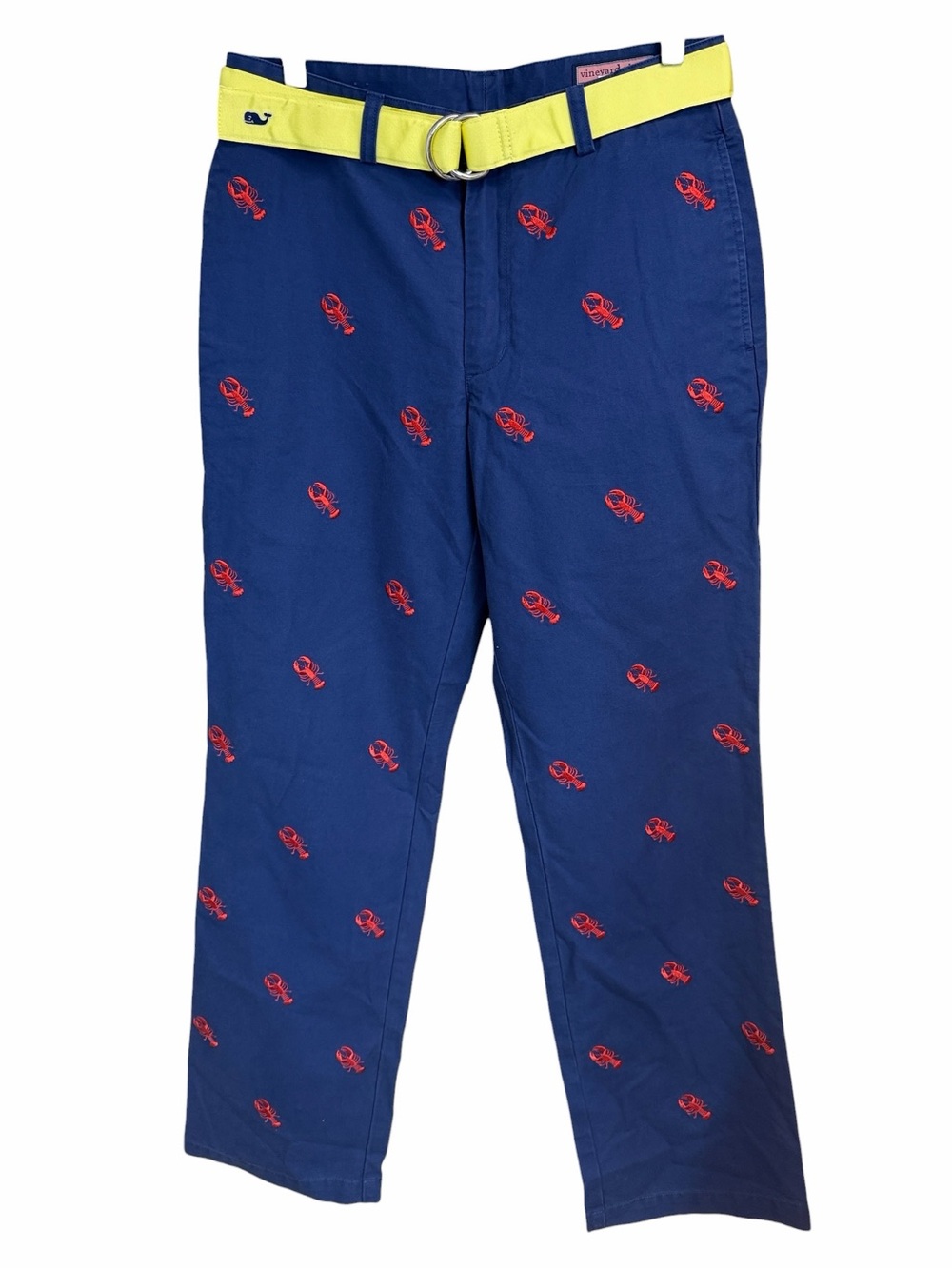 Vineyard Vines Blue Chinos with Red Lobster Embroidery and Yellow Belt